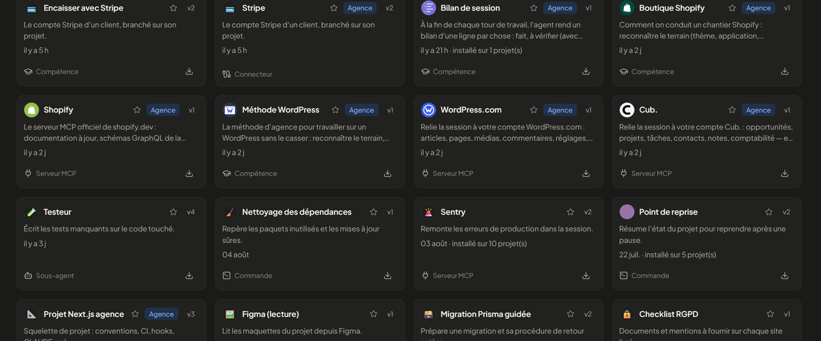 La bibliothèque de Nexus : des modules publiés par l'agence — connecteur Stripe, serveur MCP Shopify, compétence WordPress, sous-agent de relecture, modèle de projet Next.js — chacun avec son type, sa version et le nombre de projets où il est installé.